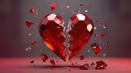 A heart shape made of red crystals is breaking apart with shards flying in various directions. The background is a solid color that highlights the heart.
