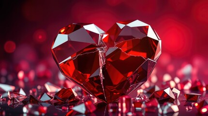 A heart shape made of red crystals is breaking apart with shards flying in various directions. The background is a solid color that highlights the heart.