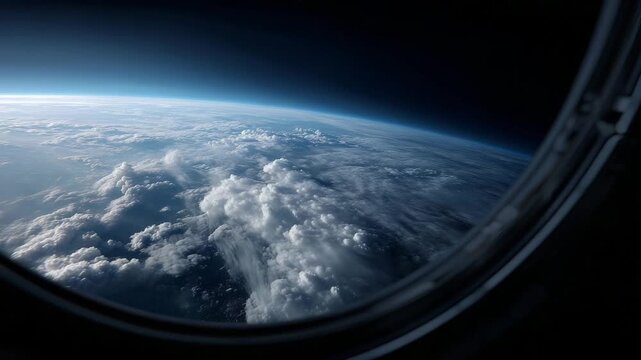 View from inside a space station through a circular porthole window looking down at the Earth, realistic orbital perspective with clouds and blue atmosphere visible, futuristic spa 4k