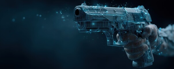 Futuristic blue digital gun held by a wireframe hand in a dark, abstract cyber scene