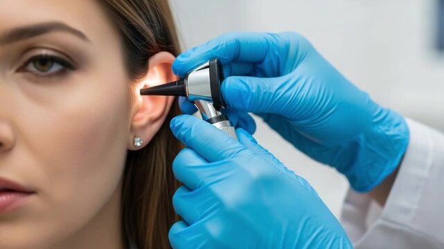 A doctor examines a womans ear with an otoscope in a medical setting with blue gloves