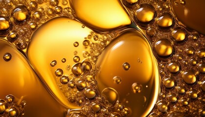 close up of vibrant golden oil bubbles in a fluid texture creating an abstract and dynamic pattern with a shimmering glowing appearance