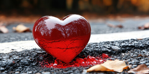 Red Glossy Heart on Wet Dark Surface