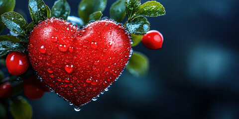 Red Heart with Dew on Green Leaves
