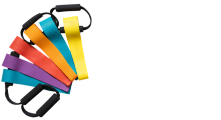 Resistance band set, colorful exercise bands with handles for fitness and workout isolated on transparent background.