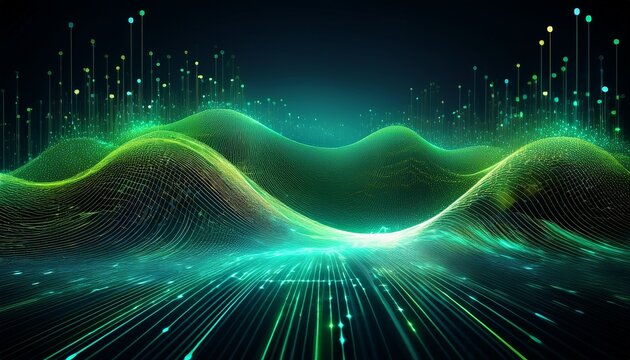 abstract digital network background banner with glowing light and connecting data dots in black and green colors big data technology concept - Powered by Adobe