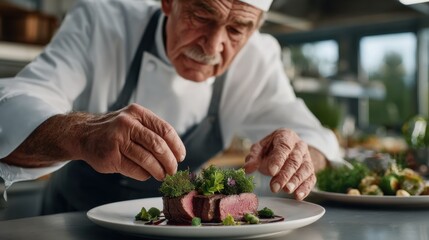 Senior chef, focused on plating gourmet dish with precision, garnishing beautifully cooked meat with fresh herbs and vibrant greens, showcasing culinary artistry in a modern restaurant kitchen