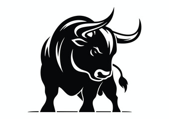 Furious and angry bull in fighting stance, black and white vector silhouette