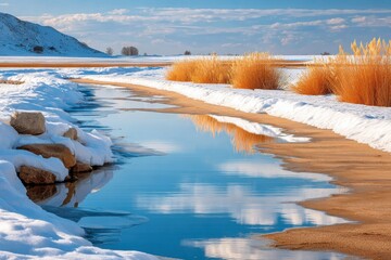 Late winter landscape with melting snow and a quiet stream across open fields at sunrise