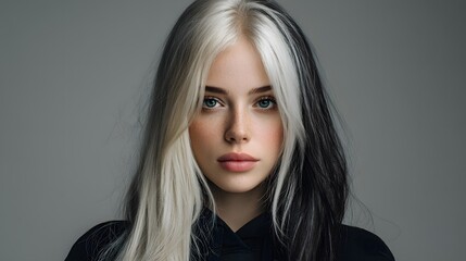 Naklejka premium Woman with black and white hair is standing in front of a gray background