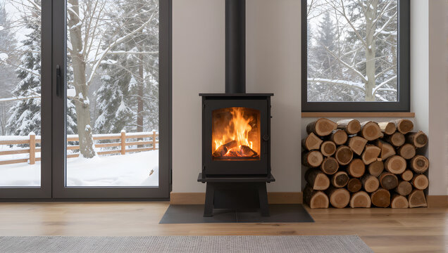 A modern living room with a wood burning stove and large glass window offering a snowy landscape view