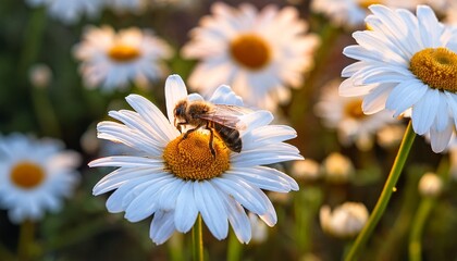 photo of a honeybee on the center flower petal with other white daisies in the background © Katrina