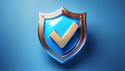 3d rendered shield with a checkmark symbol on a sleek blue background representing protection cybersecurity insurance and healthcare security