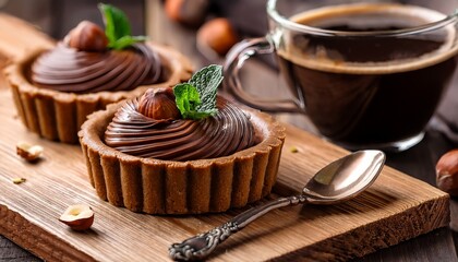 Two Decadent Chocolate Hazelnut Tarts With A Swirl Of Ganache And Topped With Whole Hazelnuts And Mint Leaves Served On A Rustic Wooden Board With A Cup Of Steaming Black Coffee And A Spoon