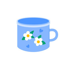 Blue mug with floral pattern and hearts, vector illustration. Cozy spring design element perfect for kitchen decor, tea time, or countryside themes