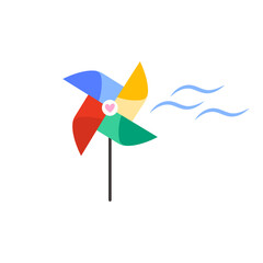 Colorful pinwheel with wind lines, vector illustration. Playful minimal design symbolizing breeze, joy, and childhood, perfect for spring and summer themes