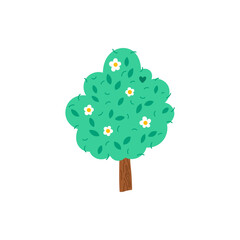 Spring tree with green leaves and white blossoms, vector illustration. Simple and cute design symbolizing growth, freshness, and nature