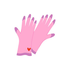Pink garden gloves with a red heart, vector illustration. Cute spring gardening element symbolizing care, work, and love for nature