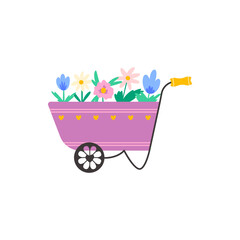 Garden cart with colorful spring flowers, vector illustration. Bright and cheerful design symbolizing gardening, growth, and seasonal joy