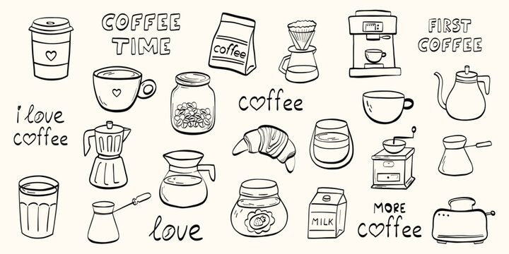 Vintage coffee set illustration with latte cups, kettle, beans, and brunch elements. Designed for cafe menus, bakery branding, and retro kitchen-themed graphics
