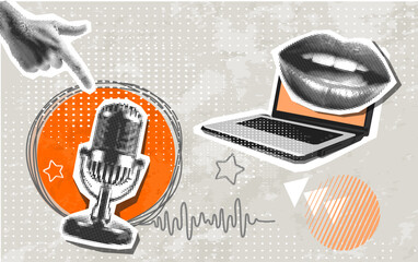 Fototapeta premium Cover for podcast. Laptop illustrations, speaking mouth with collage microphone, drawn elements in halftone background. Vector Collage in trendy retro style with flat illustration. Paper cut-out 