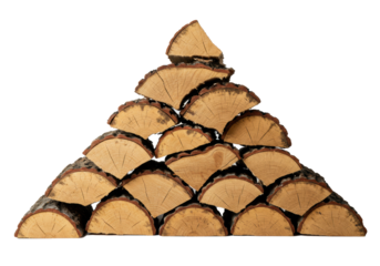Photorealistic macro studio shot of seasoned oak firewood logs stacked in a triangular pyramid, contrasting dark bark and light heartwood on infinity white, concept of winter warmth and preparedness