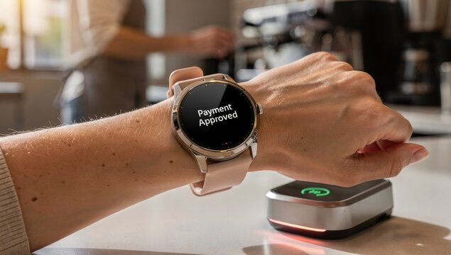Woman Paying with Smartwatch at Coffee Shop Terminal. Represents contactless payment, fintech convenience, and digital lifestyle. - Powered by Adobe