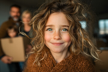 Smiling young girl with curly hair stands in a sunlit room with moving boxes, while her parents smile in the blurred background.
