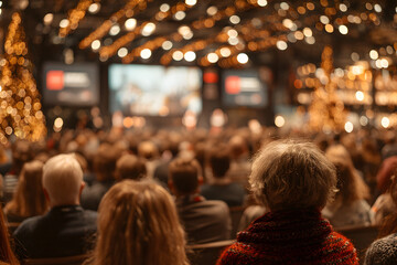 Large audience seated at an indoor event or conference, watching a presentation on stage with festive string lights and colorful banners in the background.
