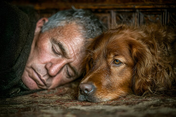 An elderly man and his golden retriever peacefully nap side by side on a cozy couch, wrapped in warm blankets&mdash;capturing a moment of comfort, trust, and deep companionship.

