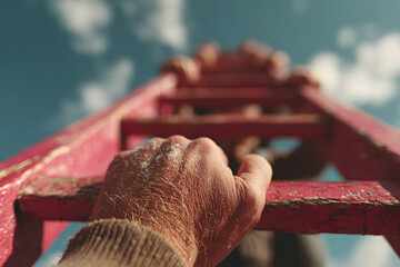 Close-up view of a weathered hand gripping a red ladder, climbing upward toward a bright blue sky with clouds, symbolizing effort and determination.
