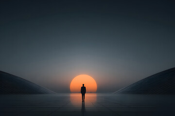 A lone figure stands on a sleek, futuristic platform facing a massive glowing sun on the horizon, surrounded by calm symmetry and silence&mdash;evoking themes of reflection, solitude, and awe.

