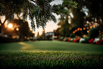 Close-up of fresh green leaves with raindrops hanging above grass, against a soft bokeh background in a peaceful natural setting.
