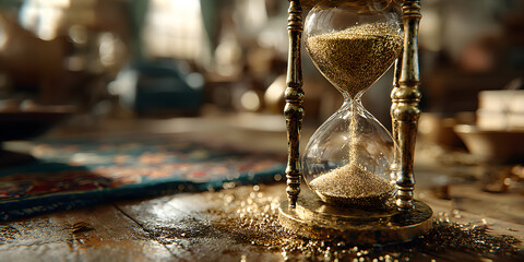 Elegant hourglass filled with golden sand on a rustic wooden table, capturing the concept of time passing in a warm, softly lit setting.

