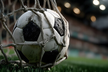 Close-up of a wet soccer ball caught in the goal net on a green field, with blurred stadium and crowd in the background.
