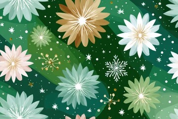 Abstract snowflakes on a deep green background for festive winter decoration and design