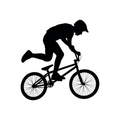 Obraz premium Silhouette of a bmx rider performing a trick isolated on white background