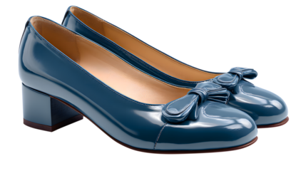 Blue patent leather low heel pumps with bow detail
