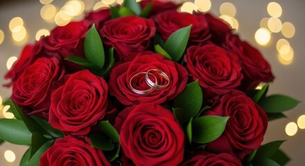 Obraz premium Romantic red roses bouquet with wedding rings symbolizing love and commitment