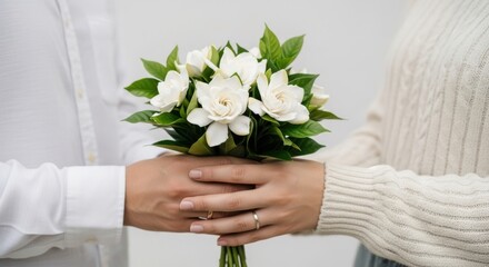 Tender moment couple exchanging beautiful white flower bouquet wedding celebration