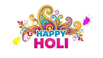 Obraz premium Vibrant happy holi celebration background with colorful swirls and text