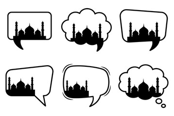Islamic Mosque Silhouettes in Various Comic Style Speech and Thought Bubbles