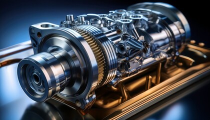close up view of metallic engine component with intricate details and sleek design showcasing its mechanical complexity and precision engineering lighting highlights metallic texture