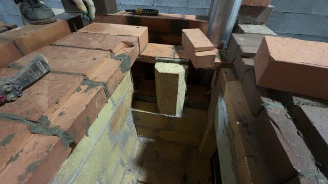 Master stove maker laying the firebox of a heating stove. Encasing the fireclay stove core with brick. Vertical video.