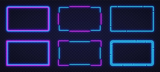 Collection of neon blue and pink glowing frames on a transparent background. Futuristic cyber-style design perfect for banners, interfaces, and tech visuals. © Ivan