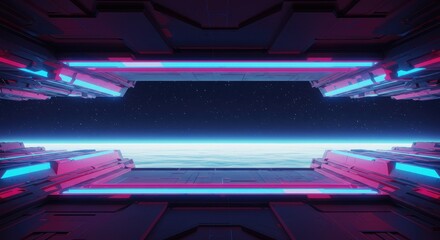 Futuristic spaceship corridor with a view of Earth