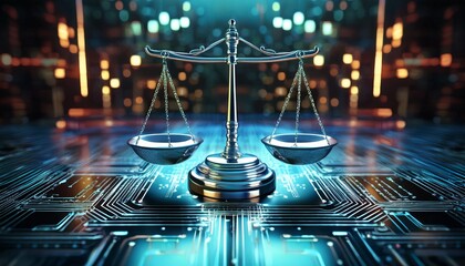 silver balance scale stands on digital circuit board symbolizing intersection of technology and justice highlighting ethical considerations in artificial intelligence