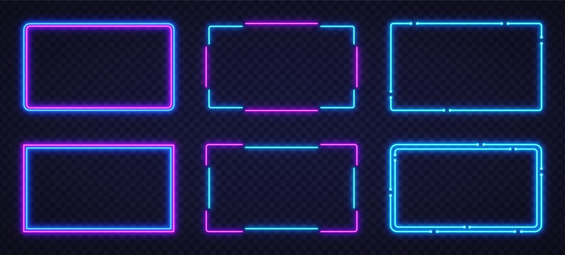 Collection of neon blue and pink glowing frames on a transparent background. Futuristic cyber-style design perfect for banners, interfaces, and tech visuals.