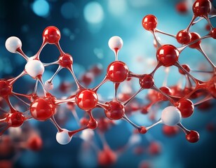 red and white molecular structure is depicted against blurred blue background illustrating scientific concept image conveys sense of innovation and discovery in chemistry or biology