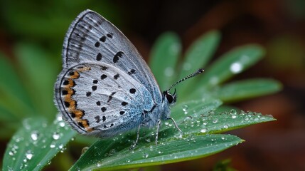 Obraz premium Silvery Blue Butterfly Closeup on Dew Covered Lupine Leaf